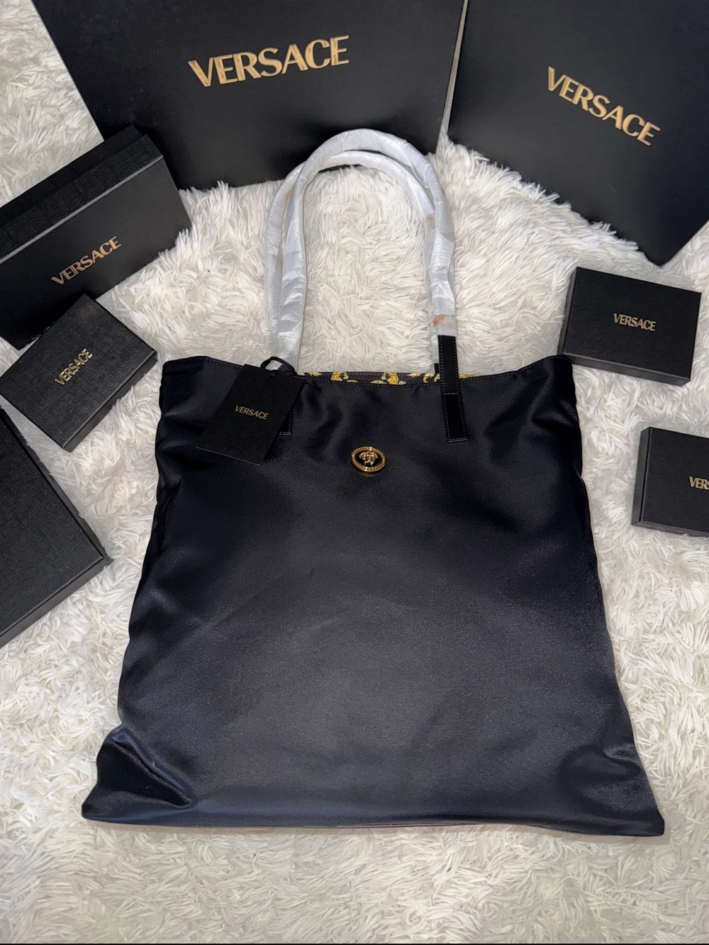 Versace Reversible Black Tote with Gold Medusa Accent
